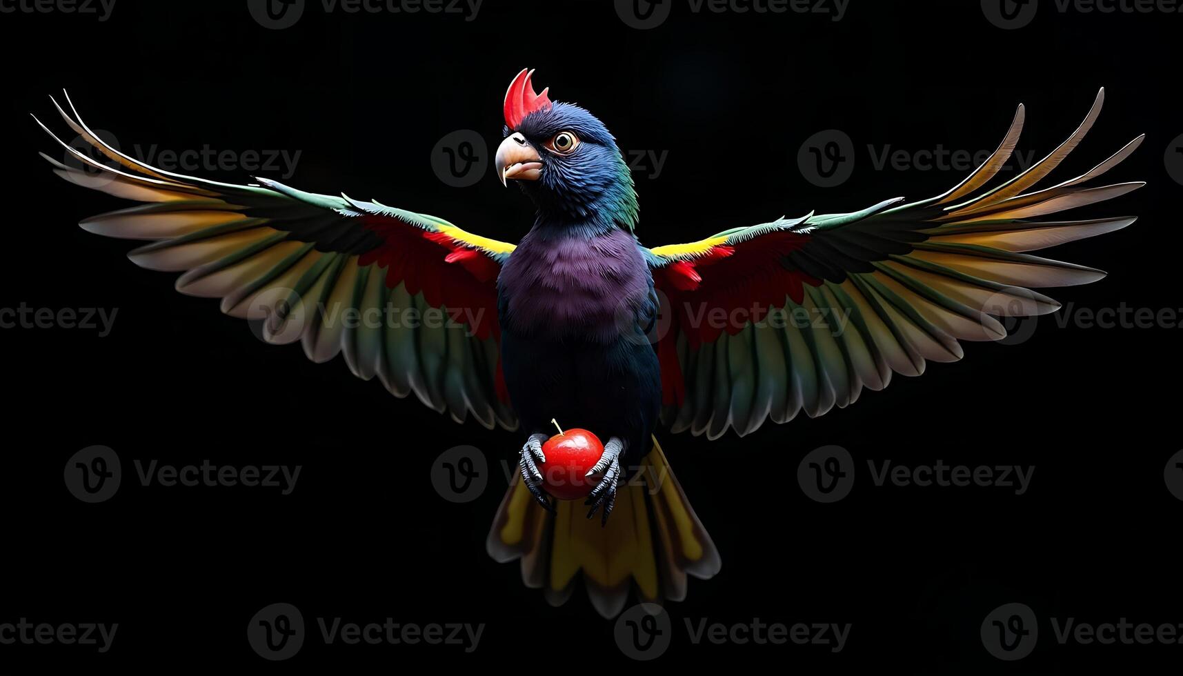 Vibrant Parrot Spreading Wings Holding Red Apple on Black Background photo