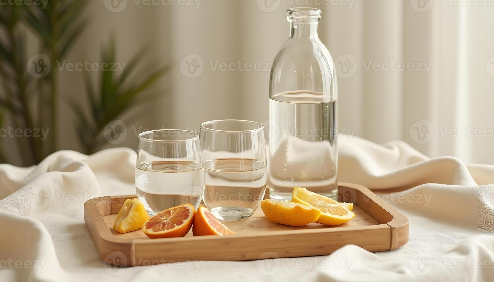 Serving Water Glasses and Citrus Fruit on a Wooden Tray Indoors photo