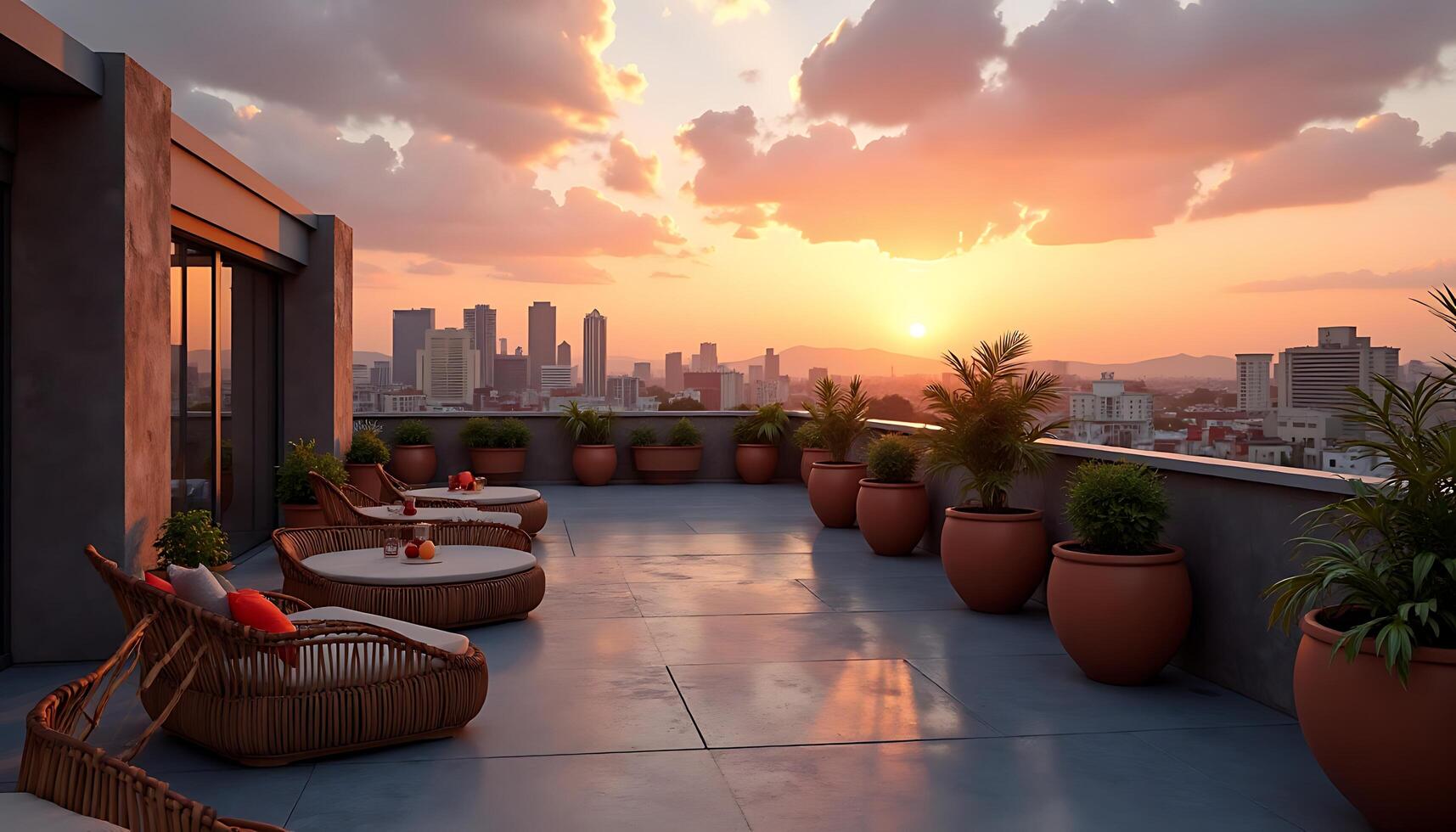 Rooftop Sunset View with City Skyline and Lounge Seating and Plants photo
