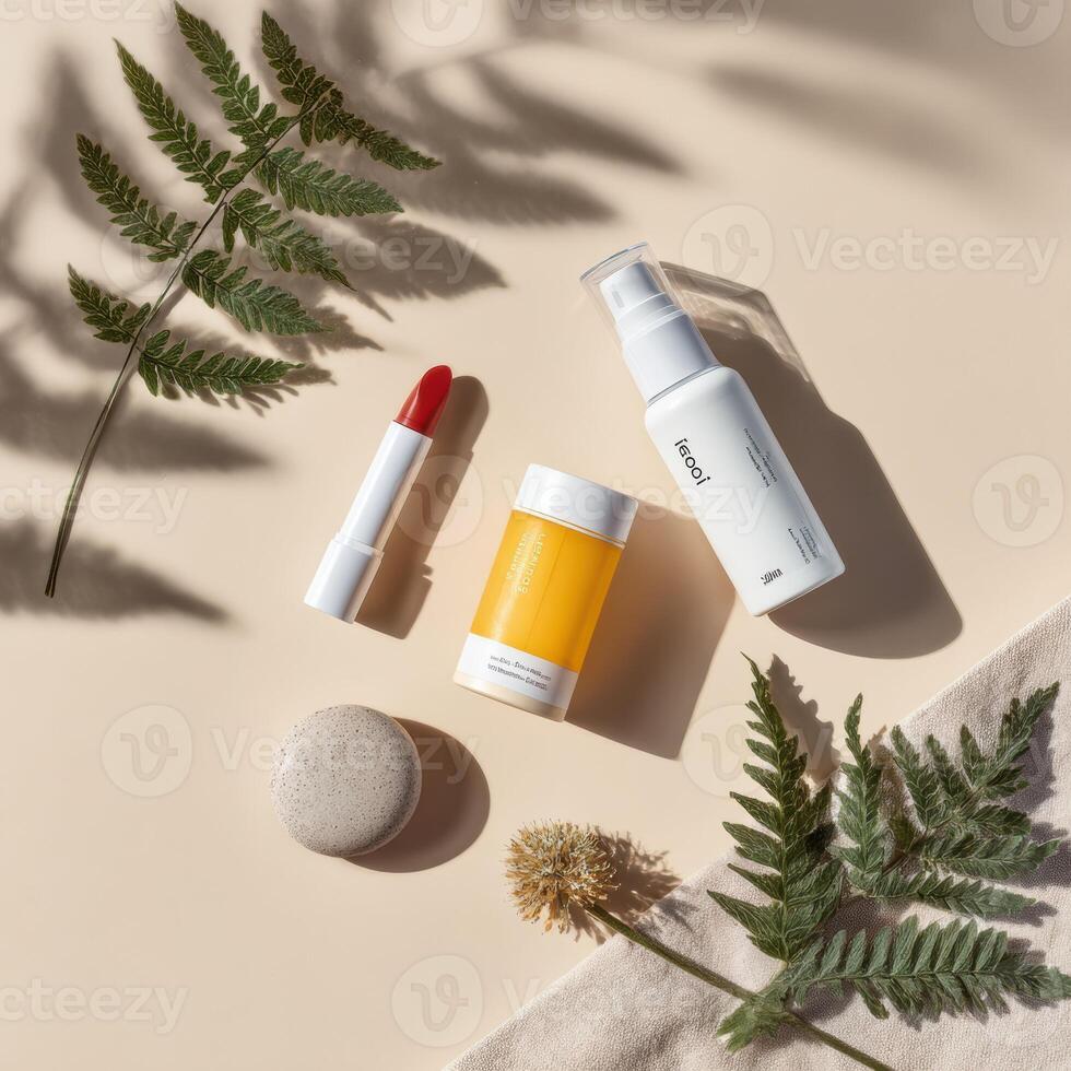 The products are arranged on a table with leaves and flowers photo