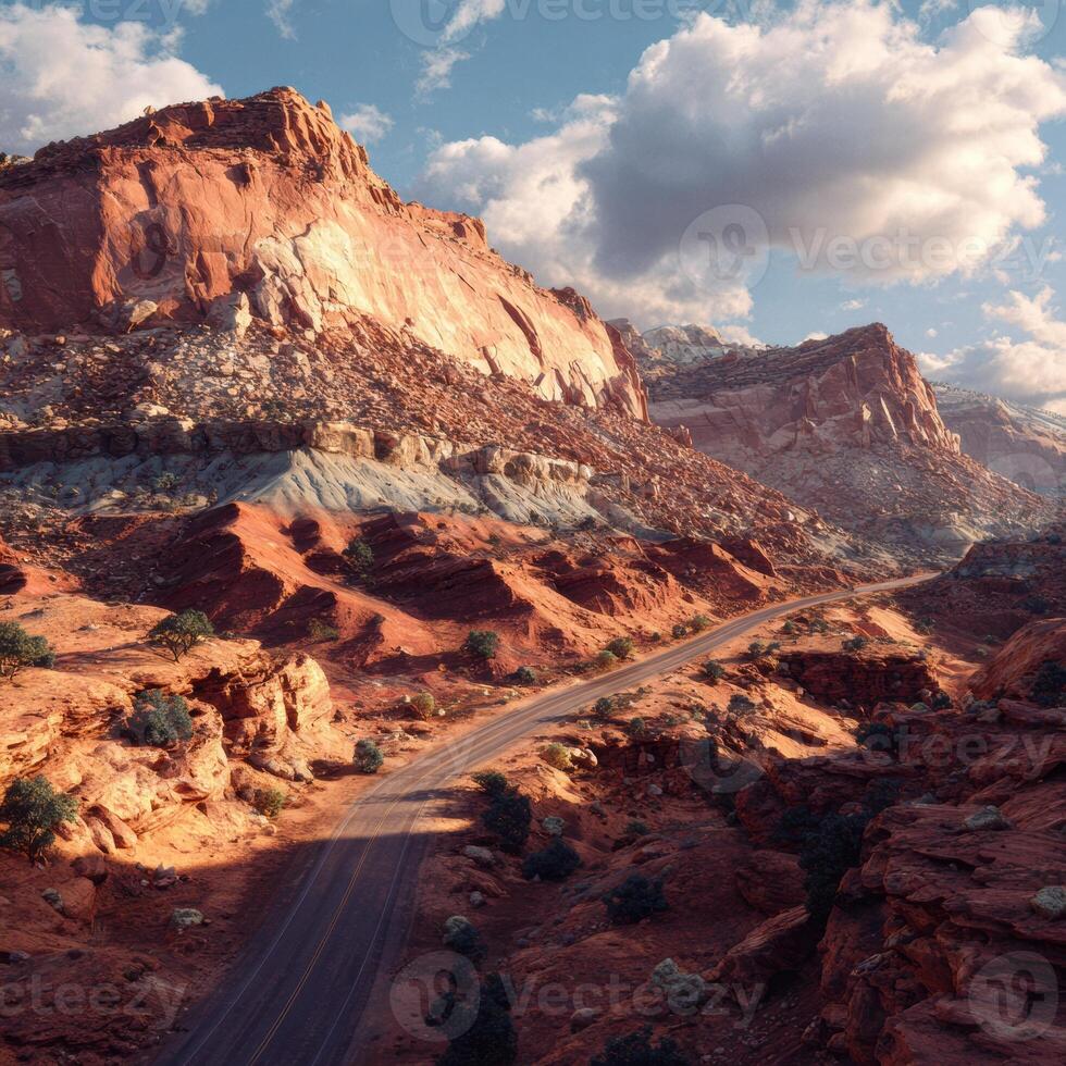 A road in the desert with mountains in the background photo