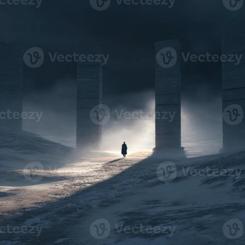 A person walking through a snowy field with pillars in the distance photo