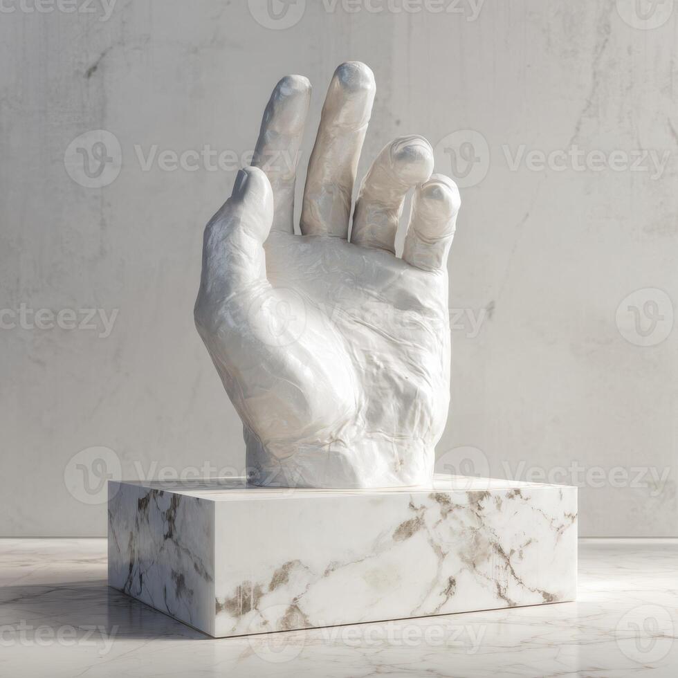 A white marble statue of a hand on a marble base photo