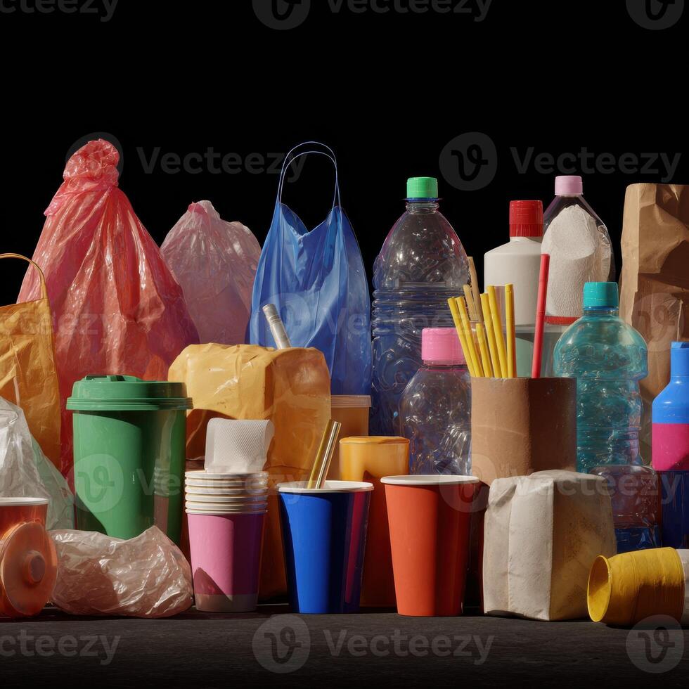 Plastic bags, plastic bottles, and paper cups are arranged on a black background photo