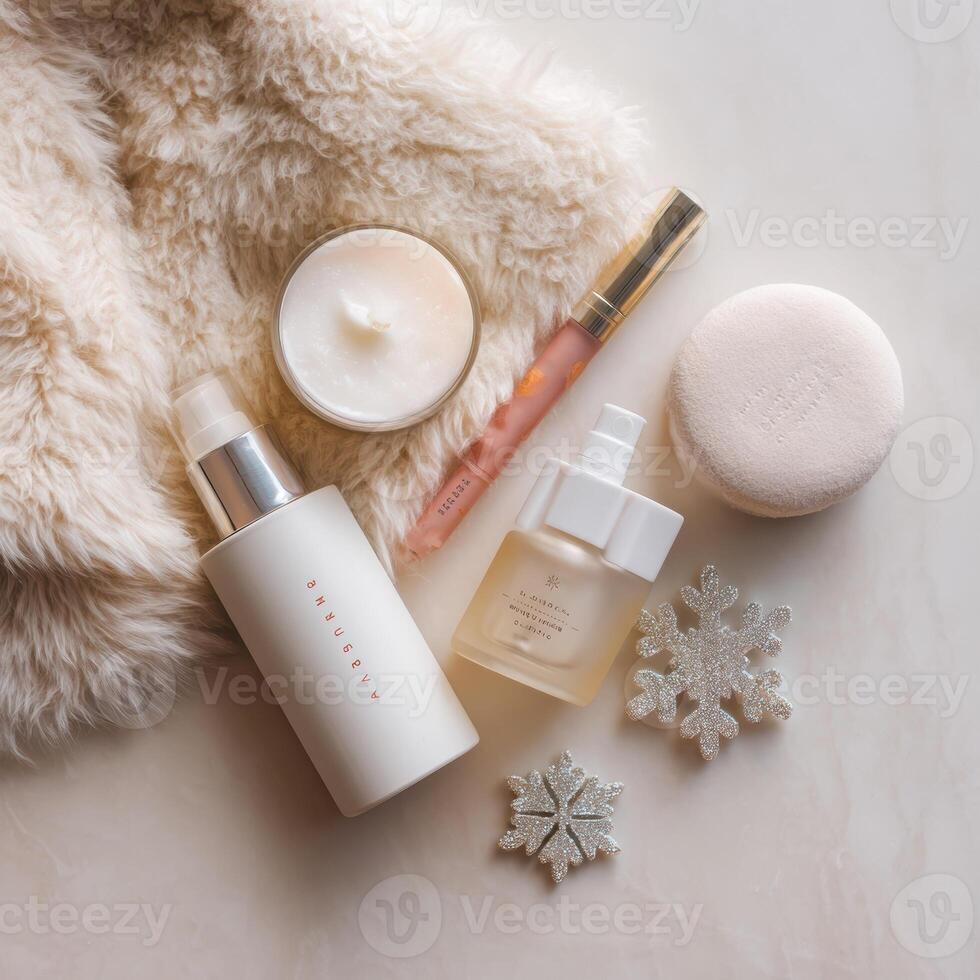A white fur coat, a bottle of perfume, a bottle of perfume, a bottle of perfume photo