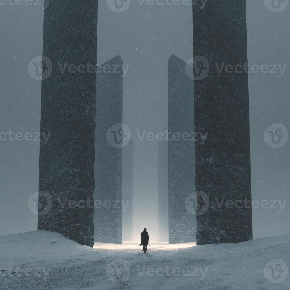 A man standing in front of two tall pillars photo