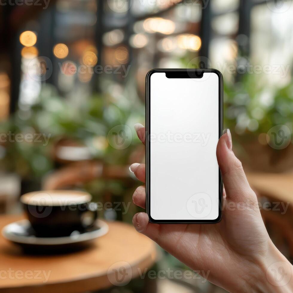 Woman holding a smartphone mockup on a table with a coffee cup photo
