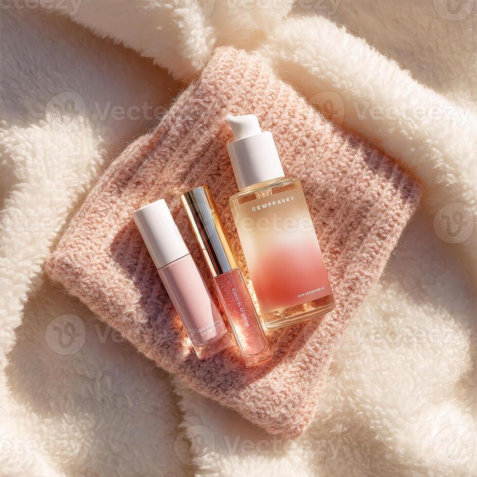 A bottle of perfume, a bottle of lip balm and a bottle of perfume photo