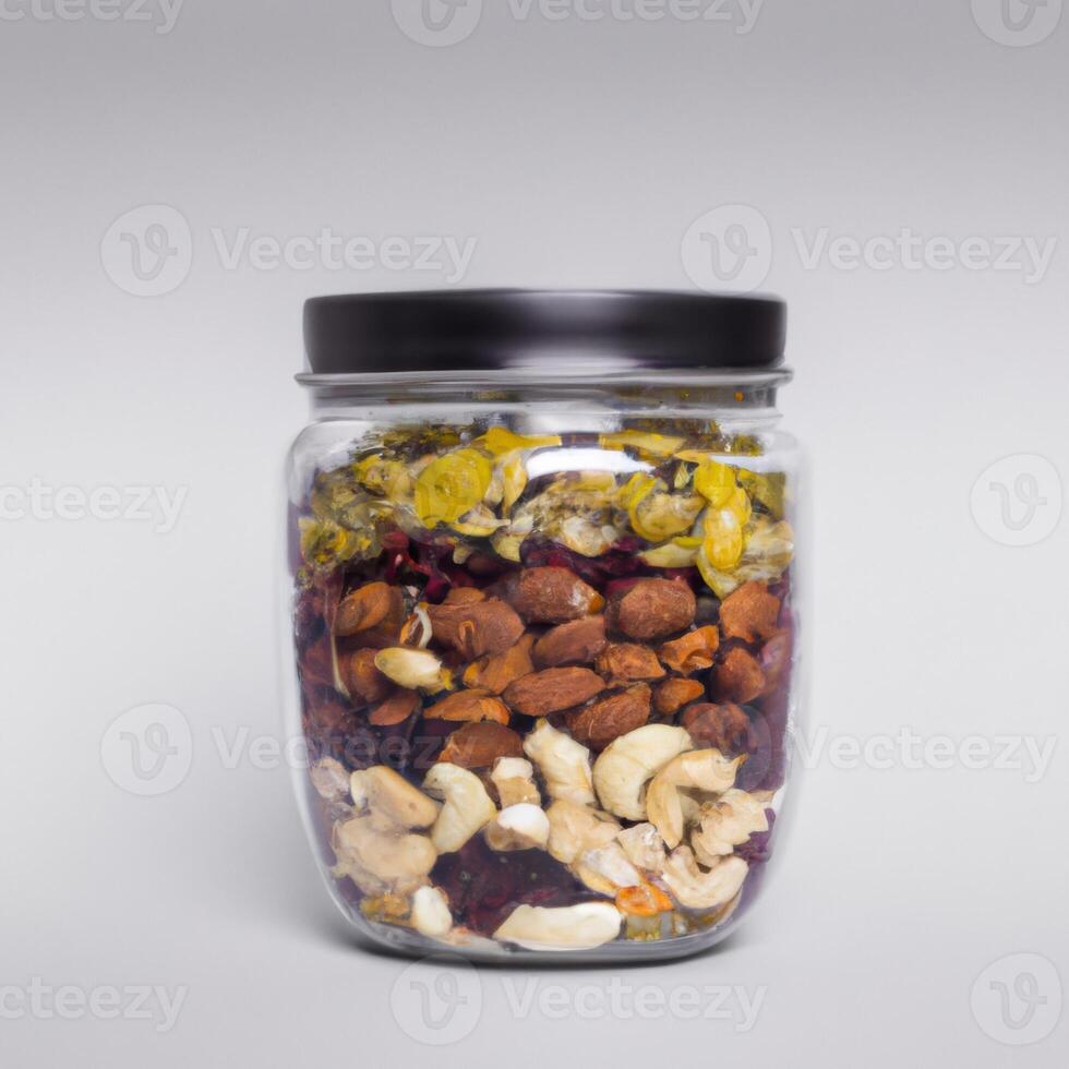 A jar filled xwith nuts and dried fruit photo