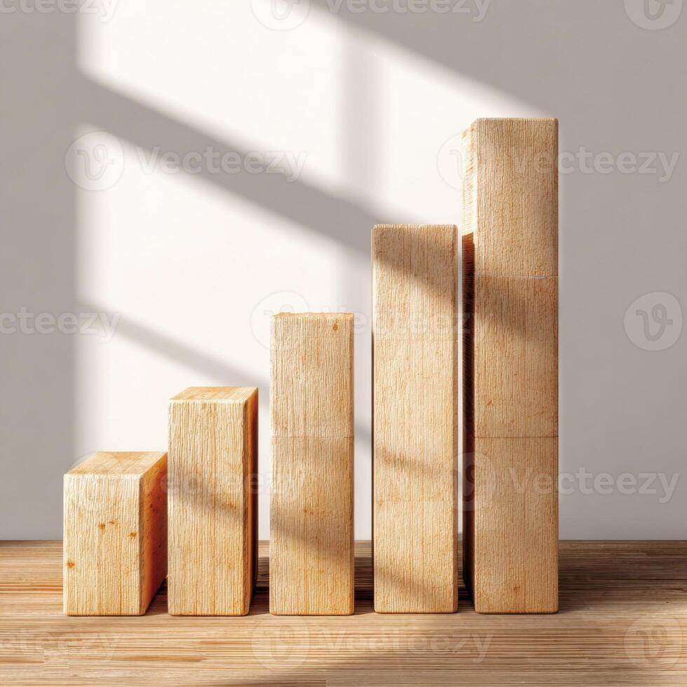 A wooden bar graph is sitting on top of a wooden table photo