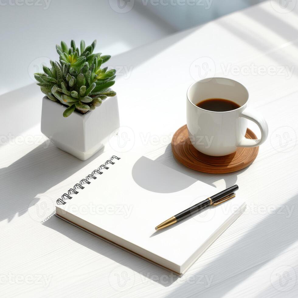 A coffee cup, pen and notepad on a white table with sunlight photo