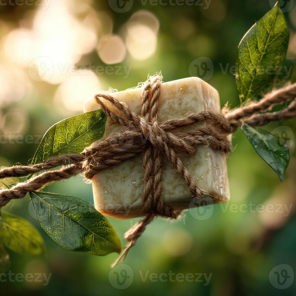 A soap bar wrapped in twine on a branch photo