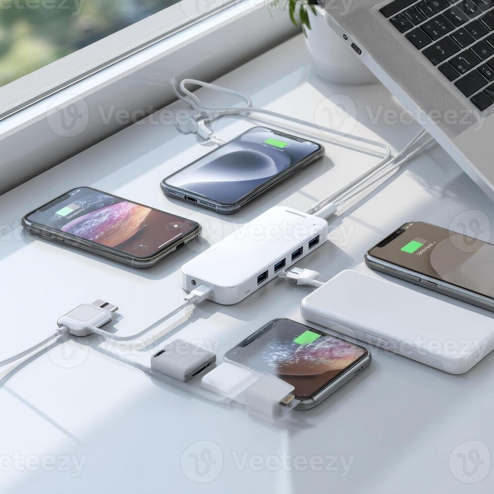 A laptop, phone, and several chargers are connected to a desk photo
