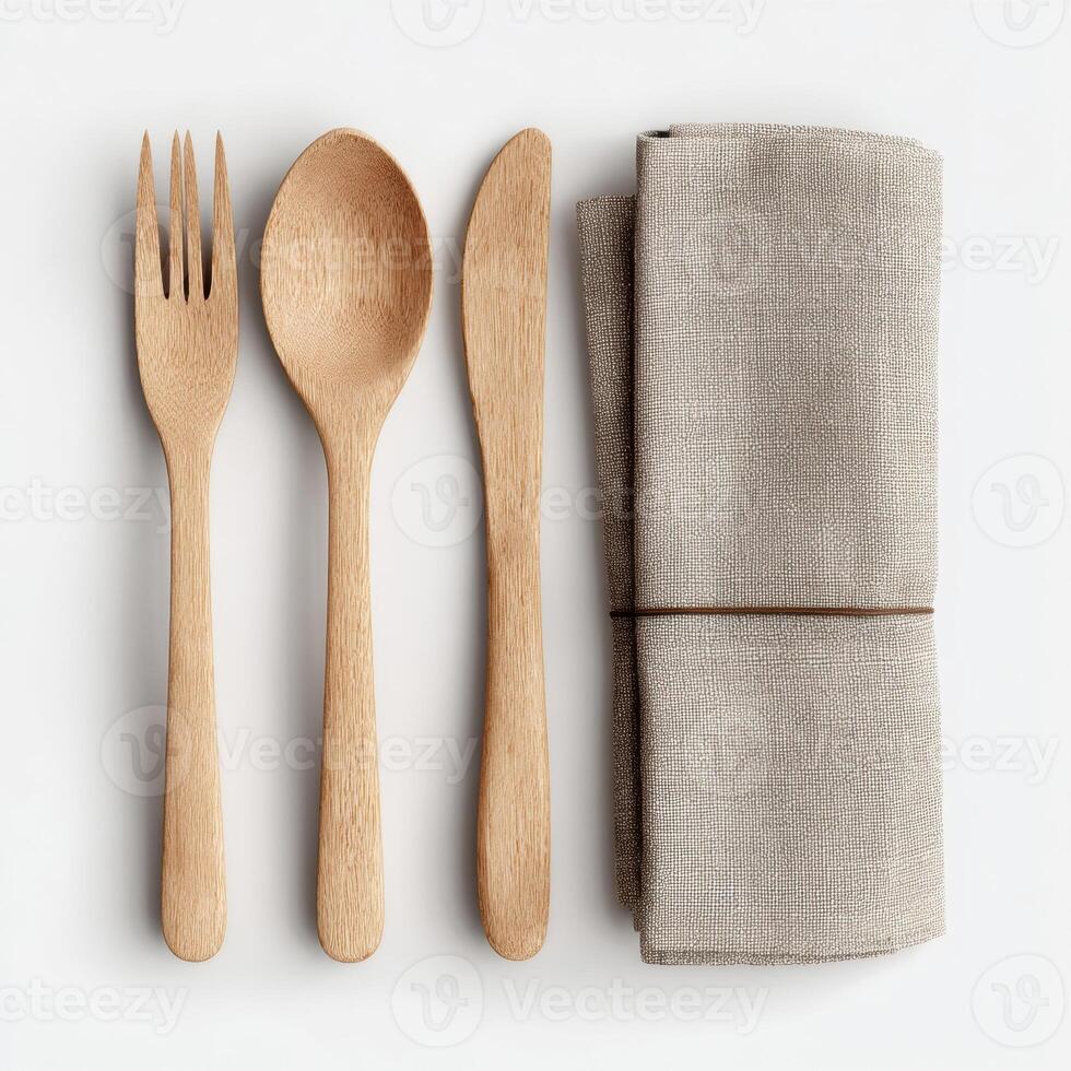 Wooden utensilss and napkin on white background photo