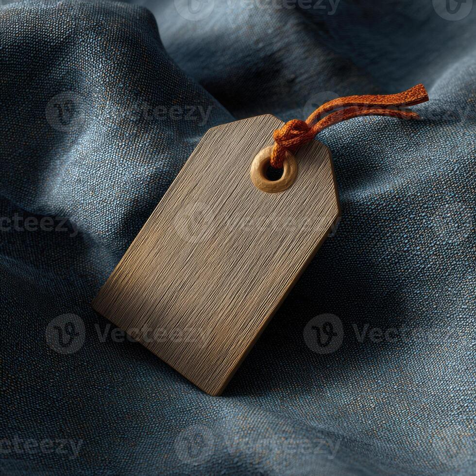 A tag with a brown leather loop on a blue cloth photo