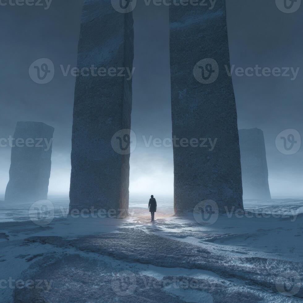 A mans standing in front of two large pillars in the snow photo