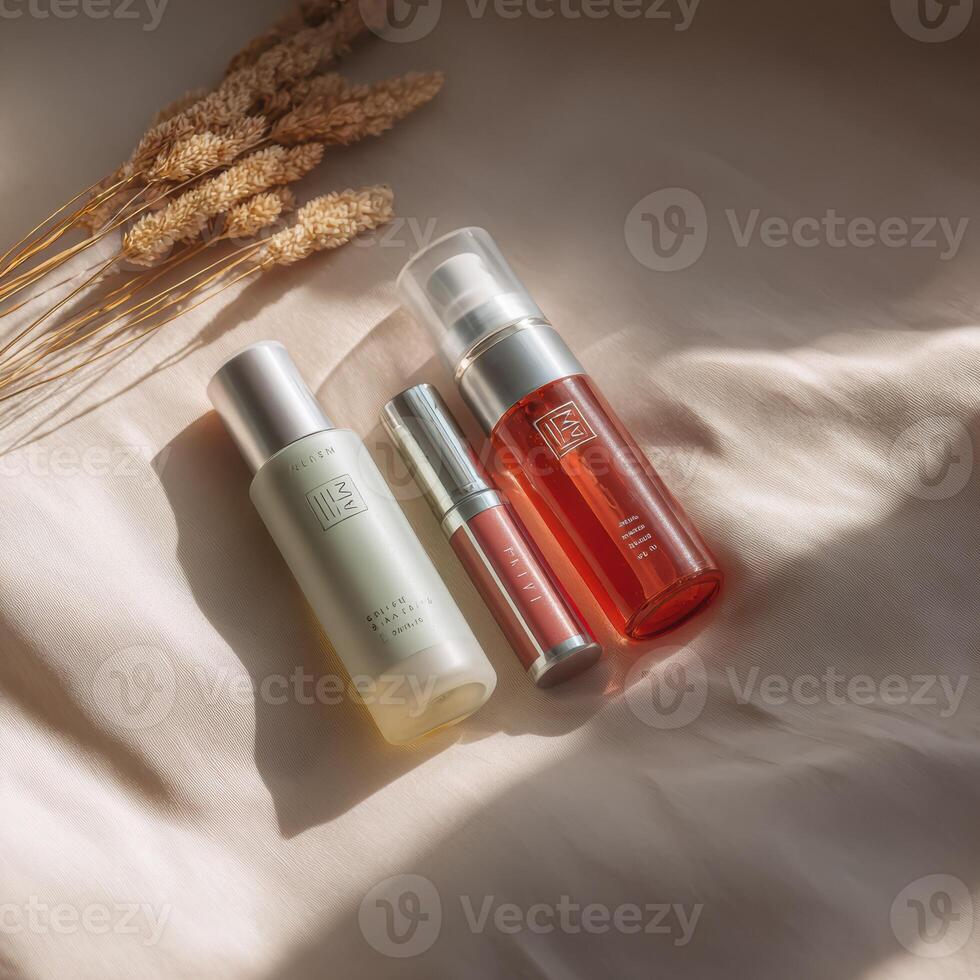 The skin care products are sitting on a bed photo