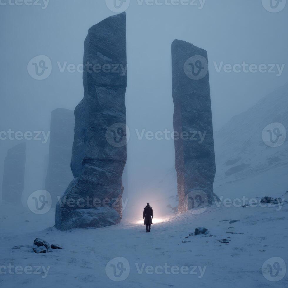 A man standing in front of two large pillars in the snow photo