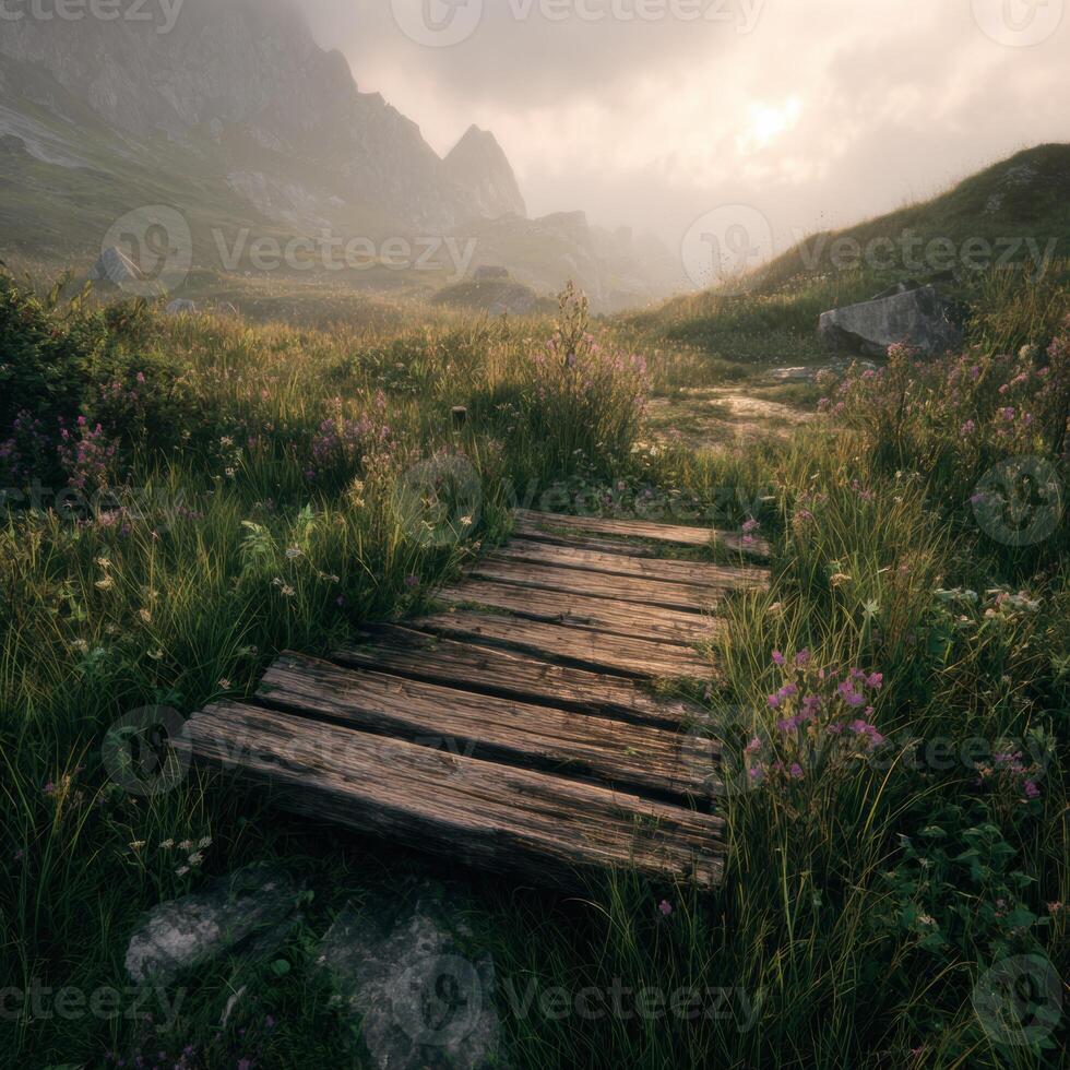 A wooden bridge in a field with grass and flowers photo