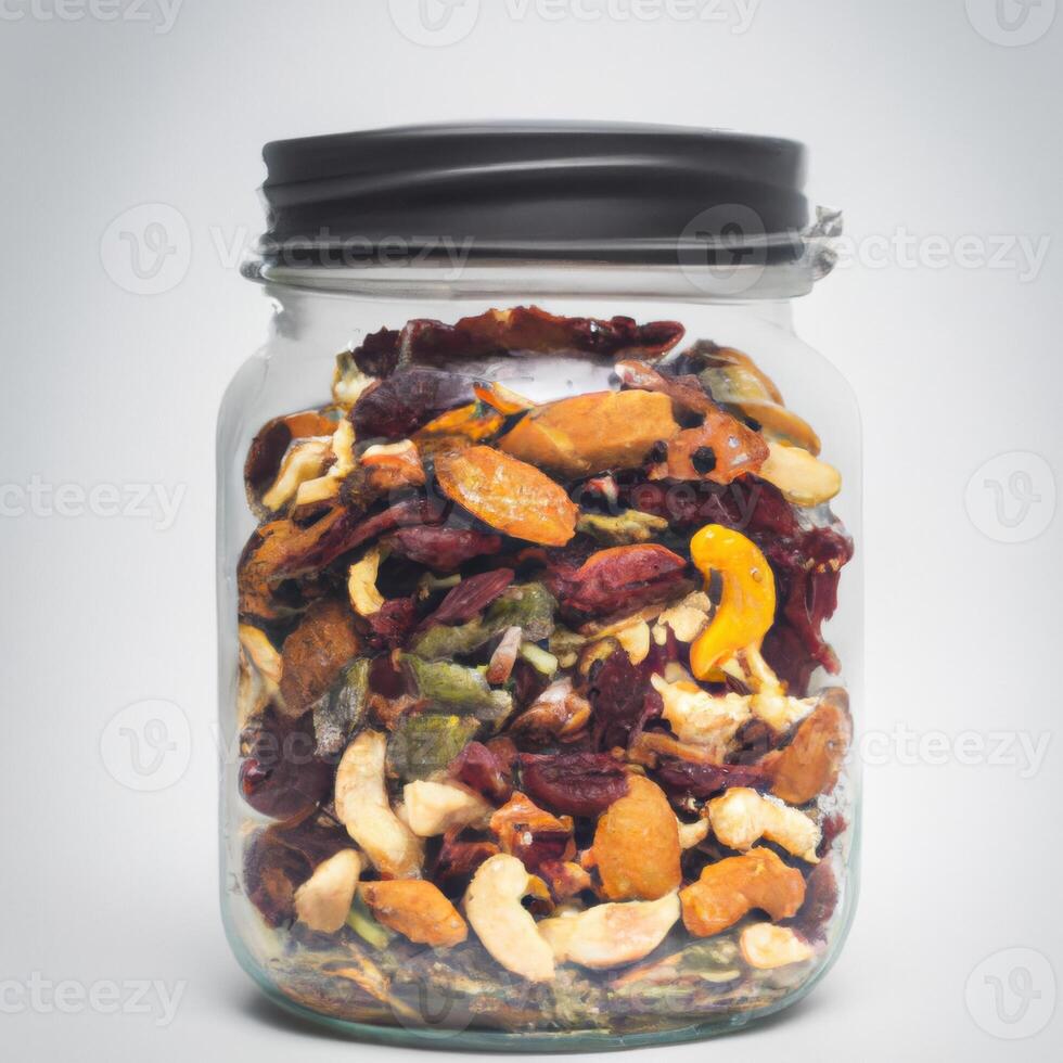 A jar filled with mixed nuts and dried fruit photo