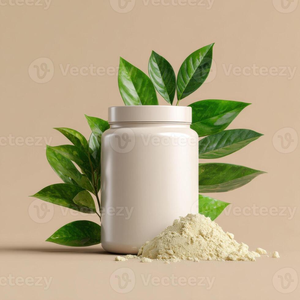 A jar of powder and leaves on a beige background photo