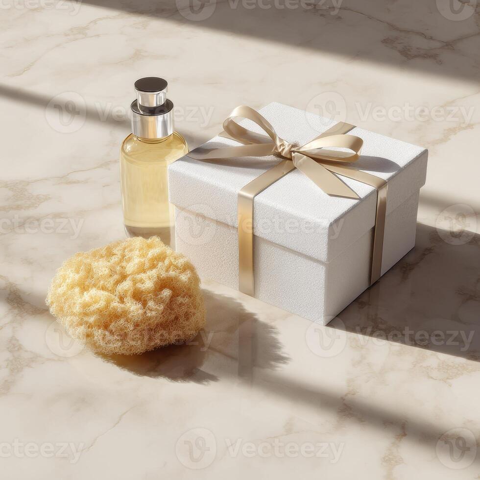 A gift box with a bottle of perfume and a sponge photo