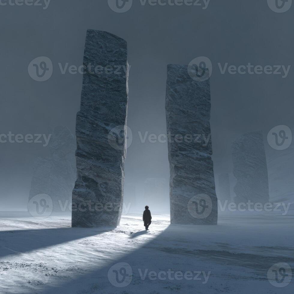 A man standing in front of two large stone pillars photo