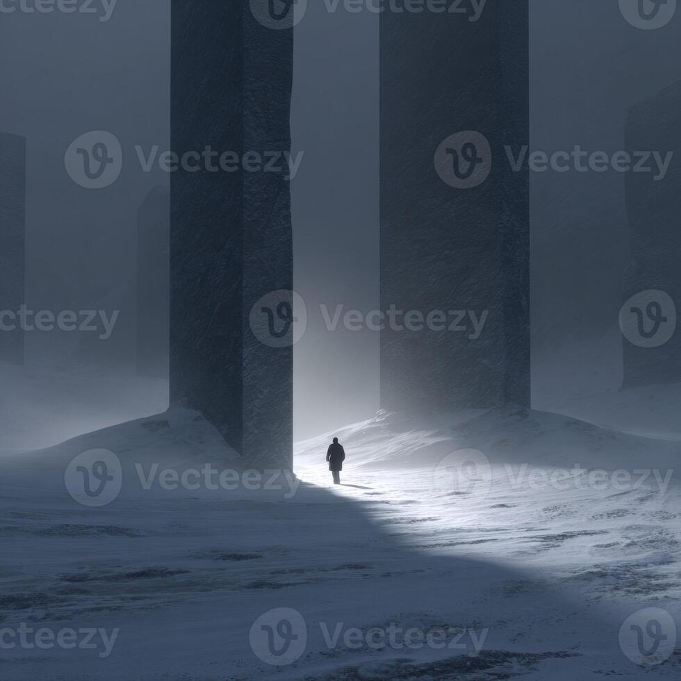 A man walking through a snowy field with two pillars in the background photo
