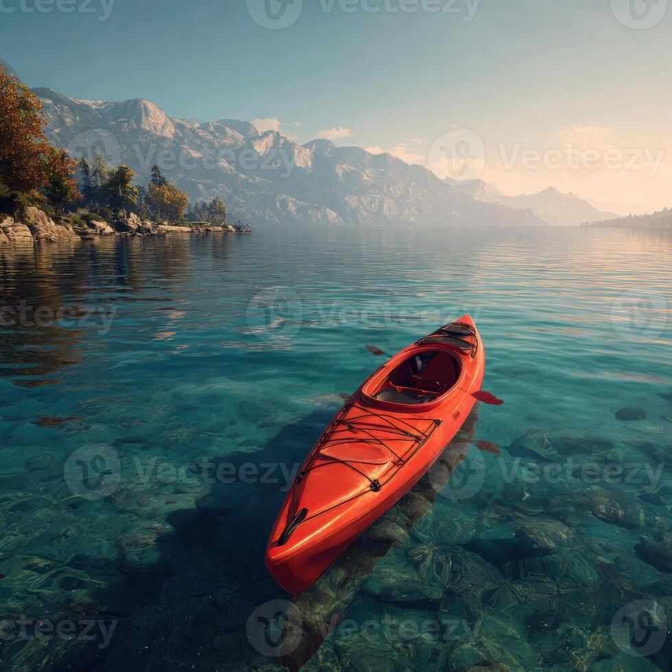 A red kayak floating in the water near mountains photo