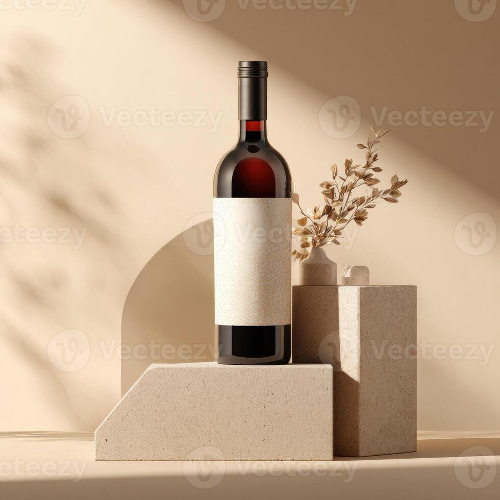 A bottle of wine sits on a block in front of a wall photo
