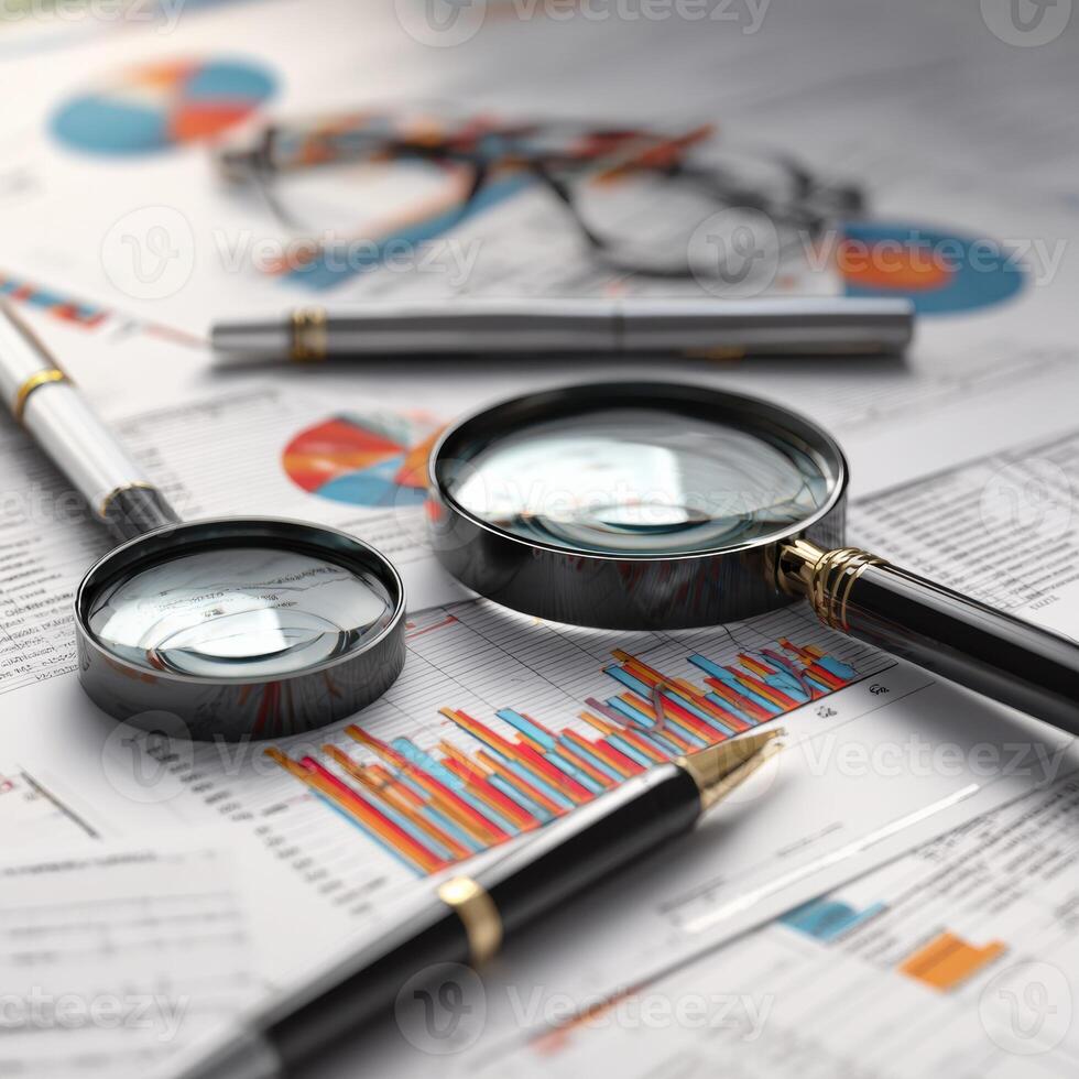 Magnifying glass, pen and paper on business documents stock photo