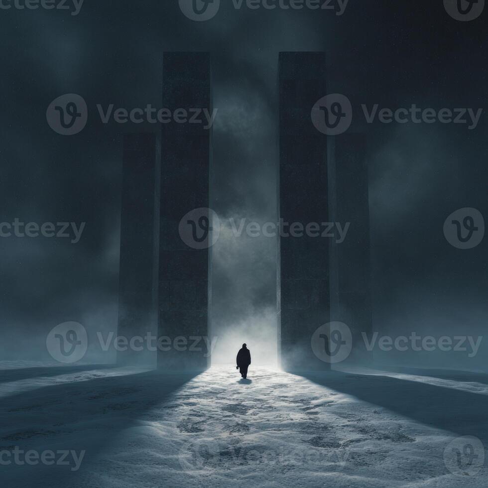 A man standing in front of three pillars in the snow photo