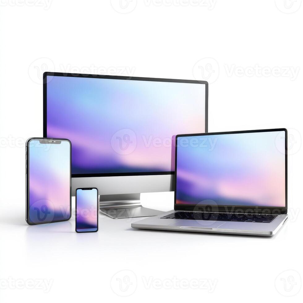 A computer, phone and tablet are shown together photo
