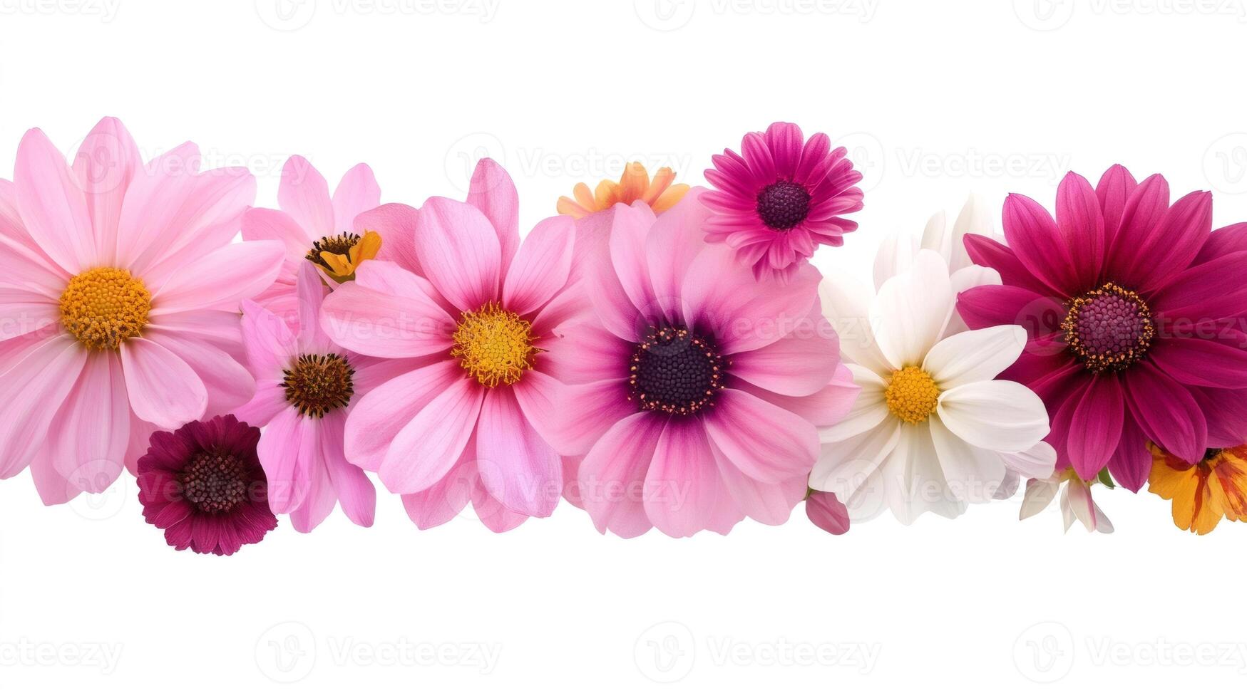 Colorful daisy flowers creating an horizontal floral border on white background photo