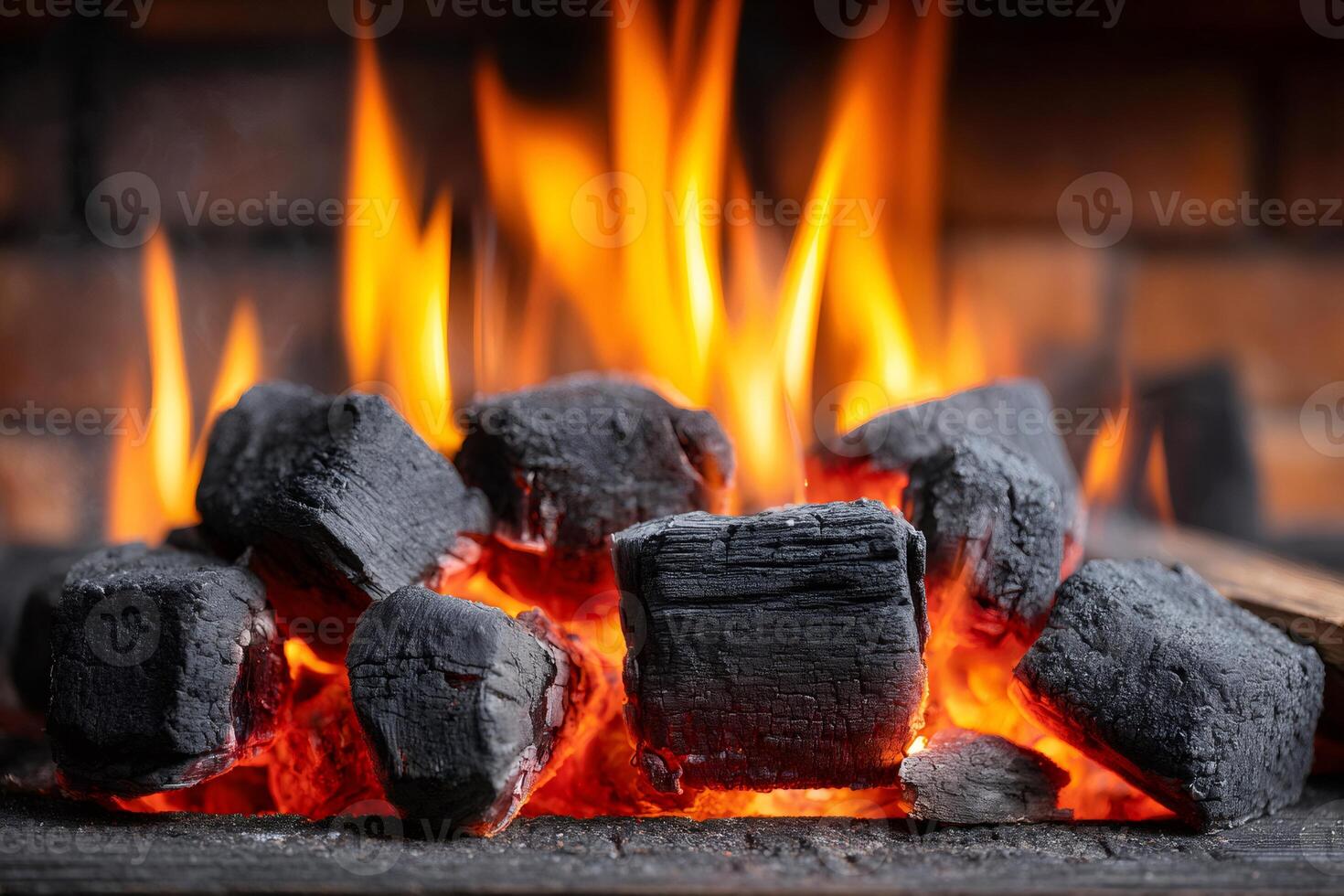 Burning charcoal briquettes glowing with intense heat and flames in a brick fireplace photo