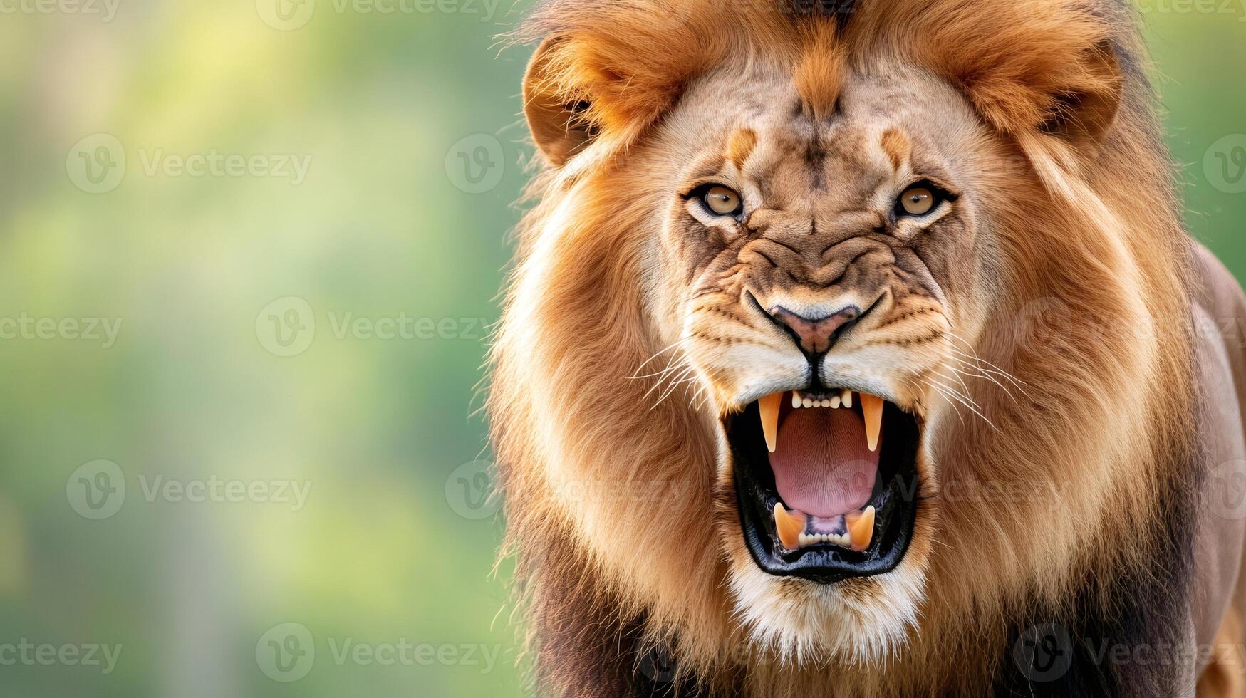 Portrait of a majestic male lion roaring showing its teeth and mane photo