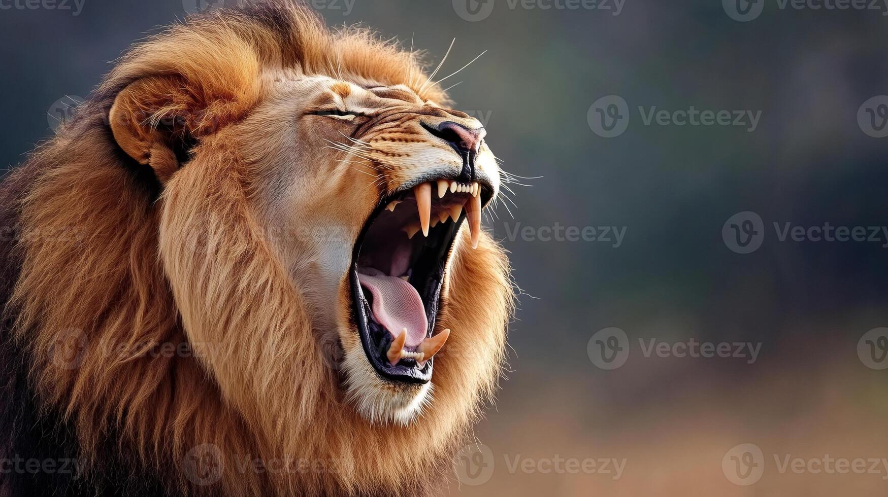 Majestic lion roaring showing teeth and tongue in african savanna photo