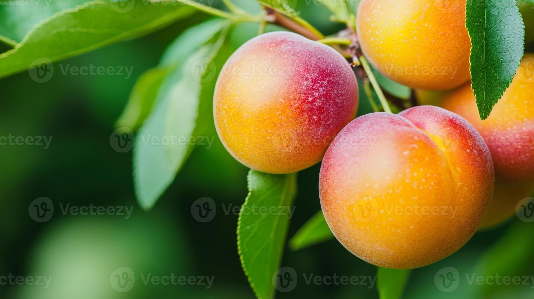 Ripe apricots hanging on branch in orchard.. photo