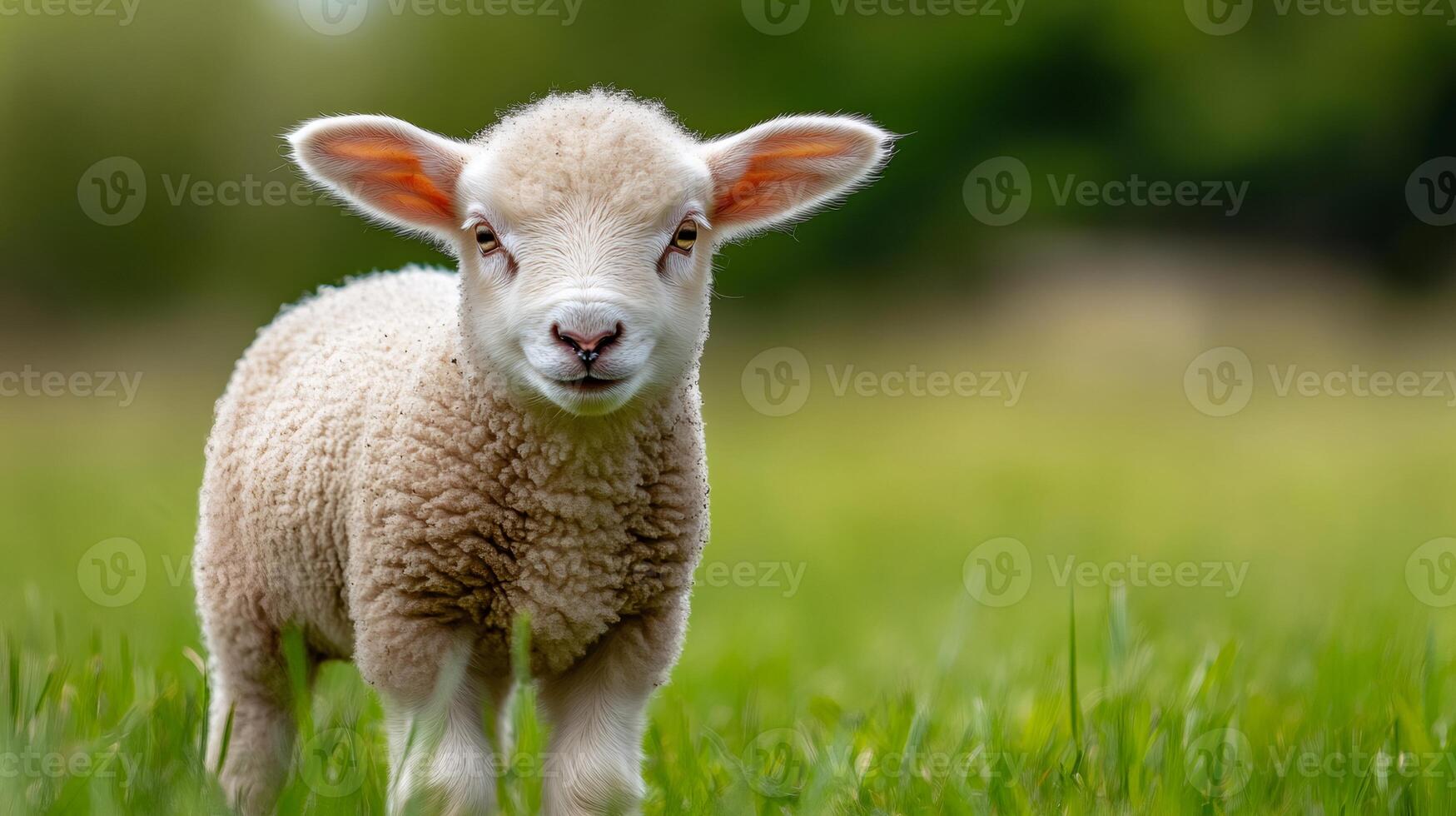 Lamb standing in green field looking at camera photo