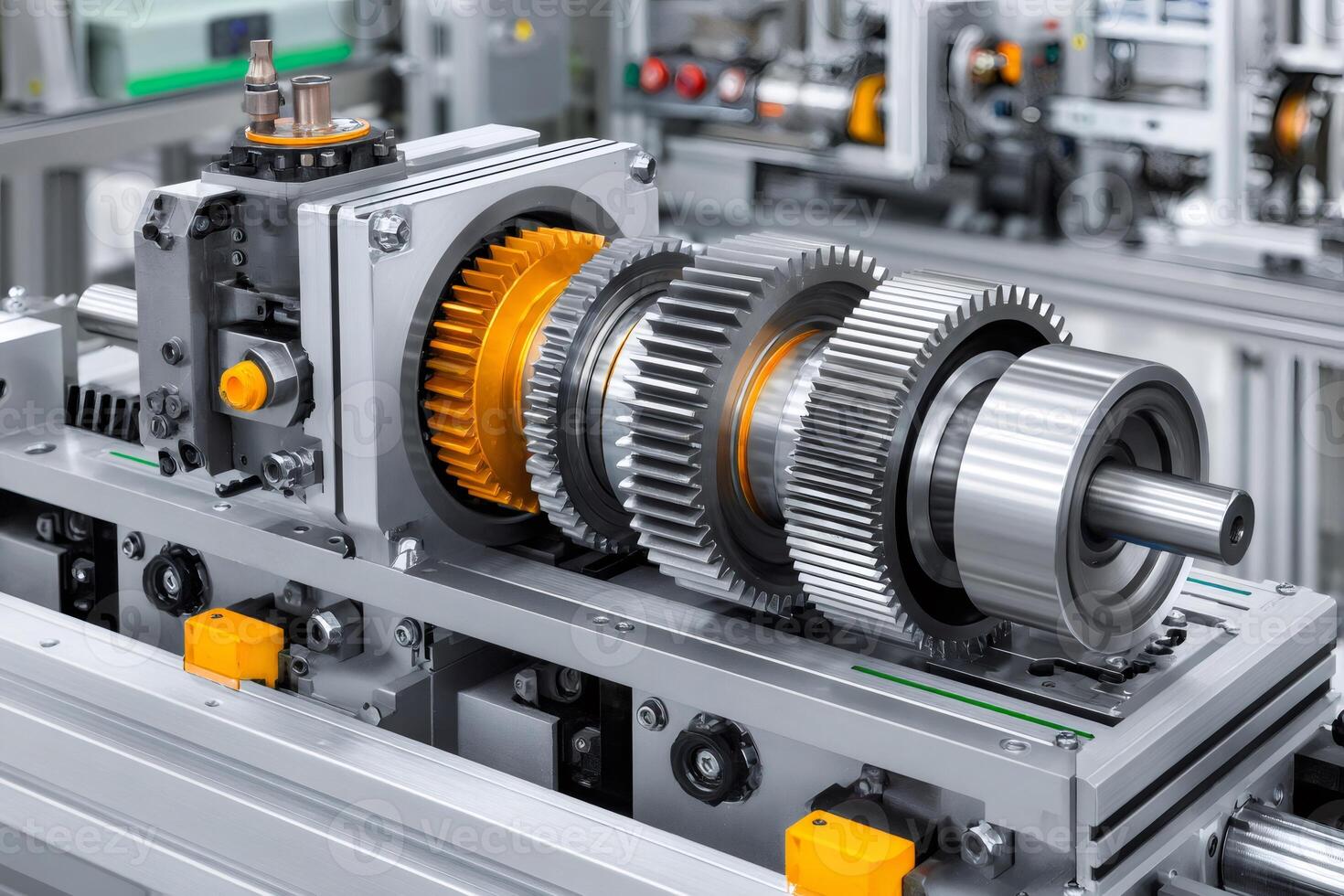 Gearbox with shiny metal gears rotating smoothly in modern factory photo