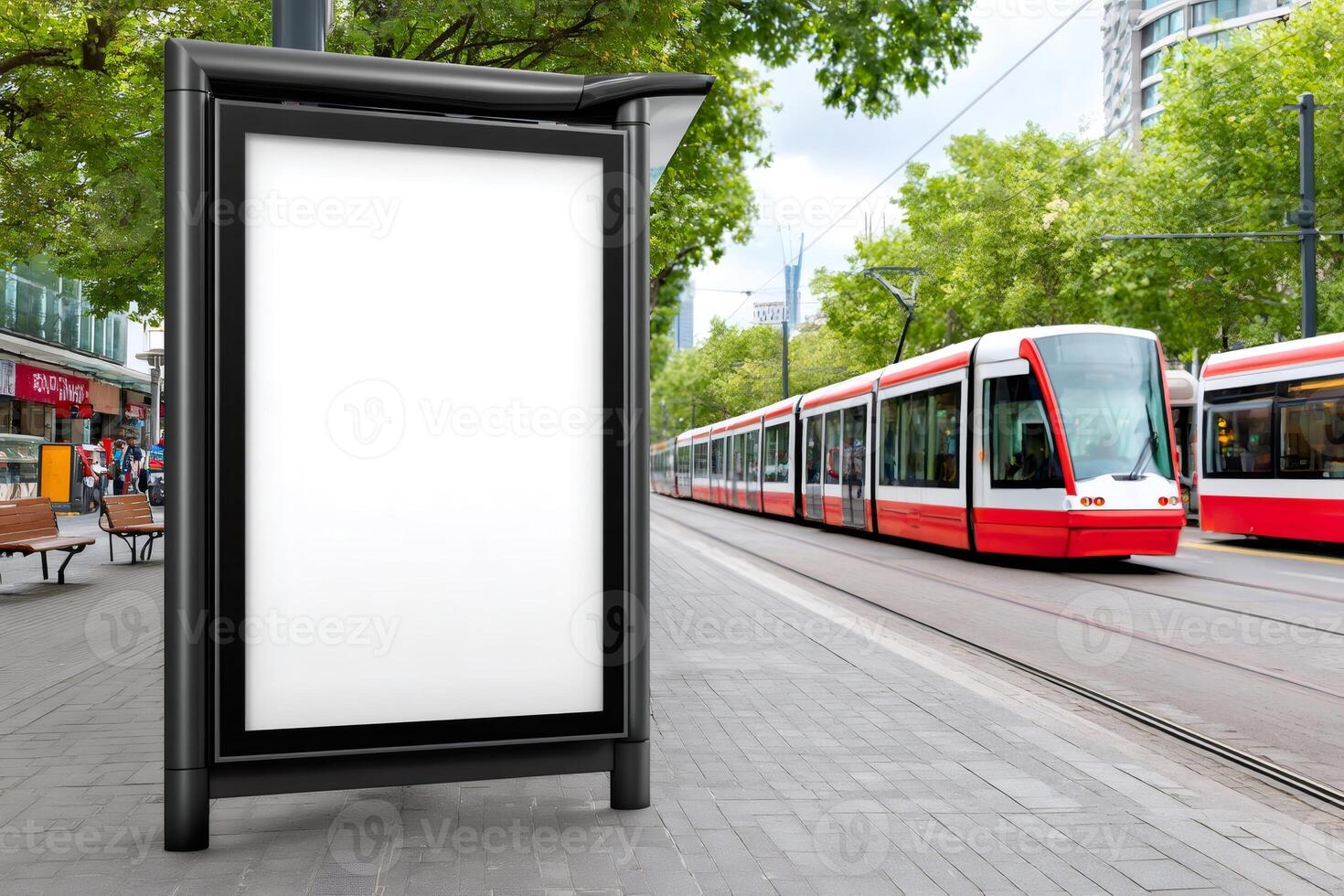 Blank billboard mockup next to tram stop in the city.. photo