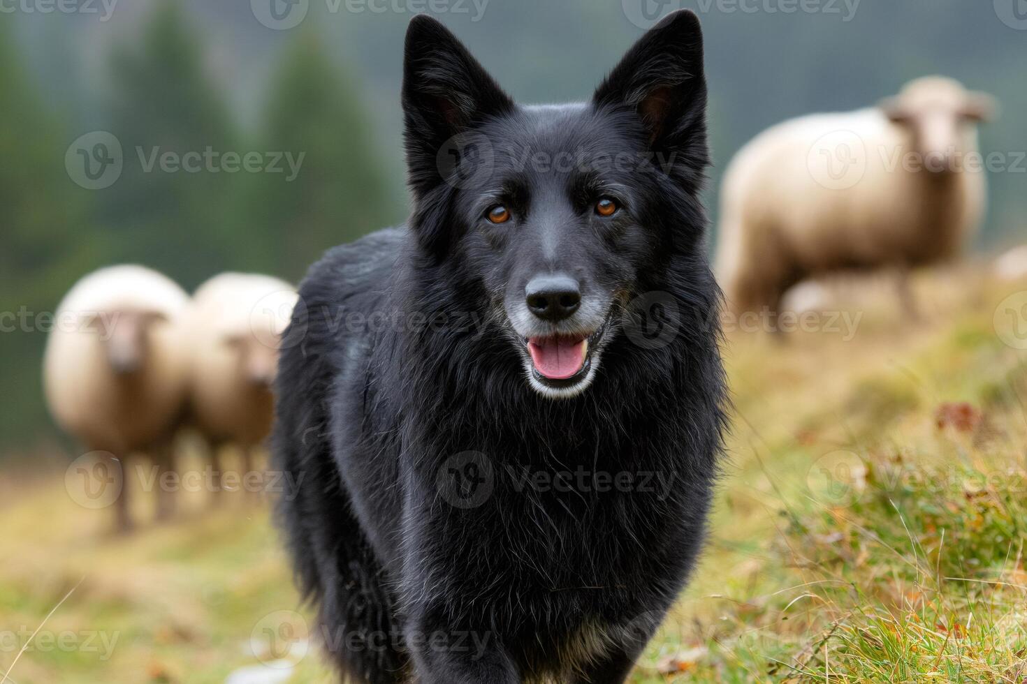 Black sheepdog guarding sheep in green meadow photo