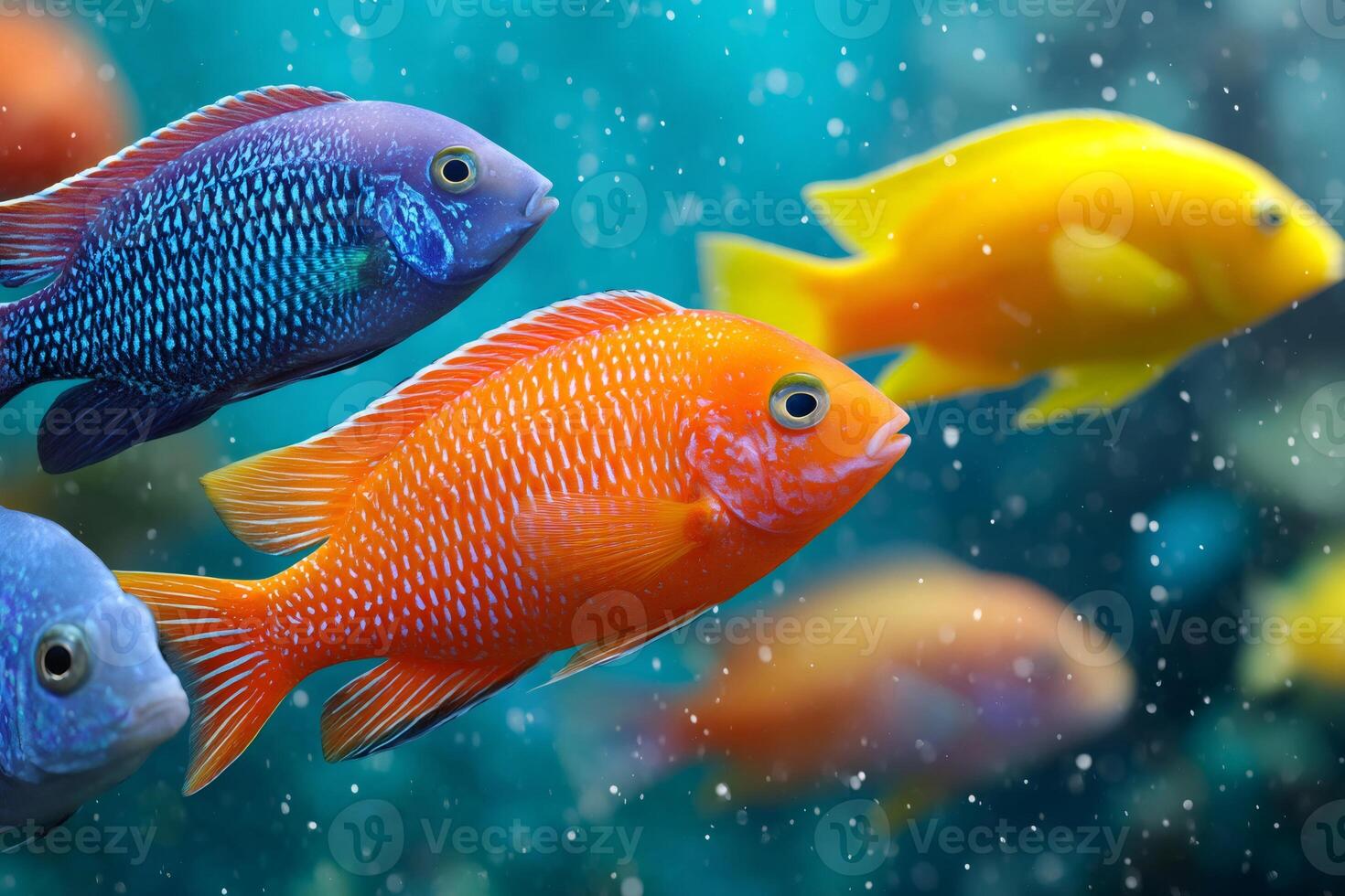 Colorful african cichlids swimming in aquarium, vibrant underwater scene photo