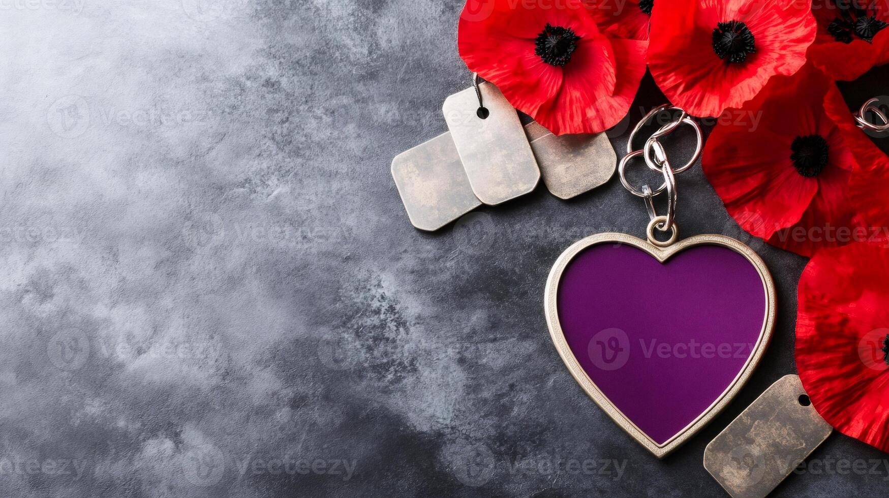 Purple heart, dog tags and poppy flowers remembering fallen soldiers photo