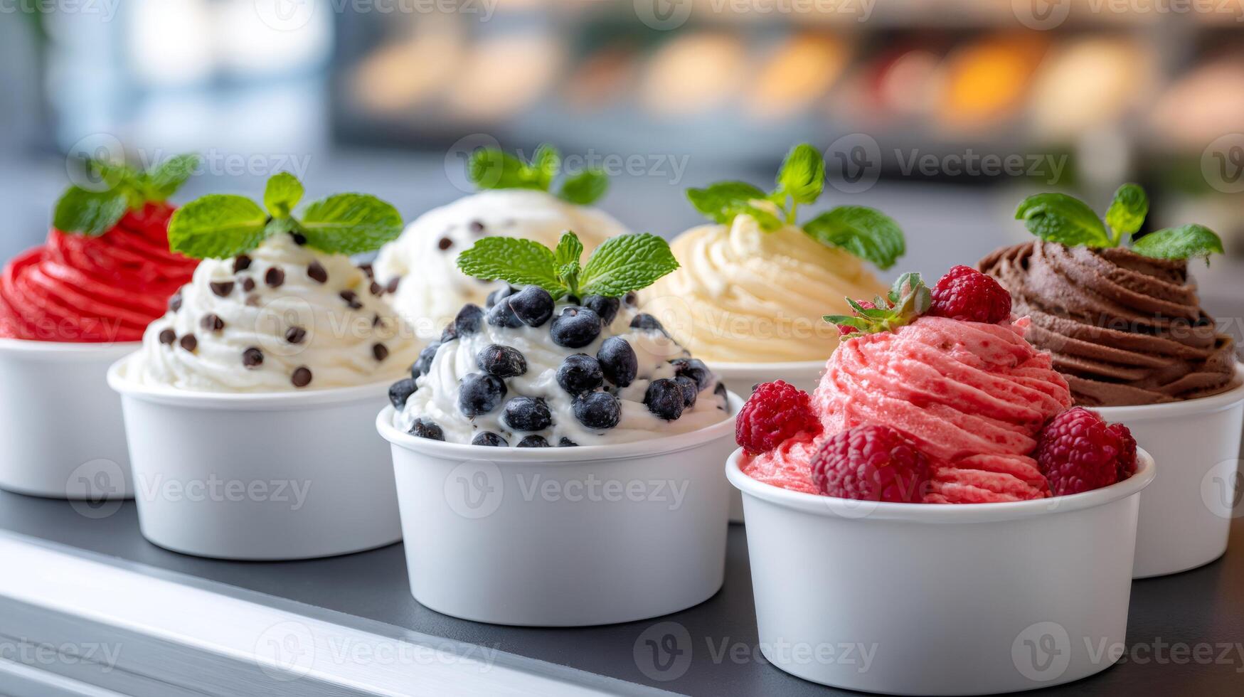 Various flavors of ice cream are served in white cups, topped with fresh fruit and mint photo