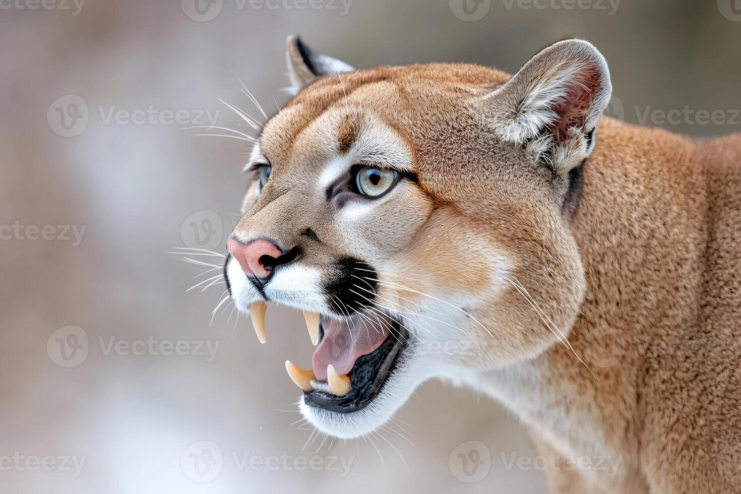 Cougar showing teeth and growling in winter scenery photo