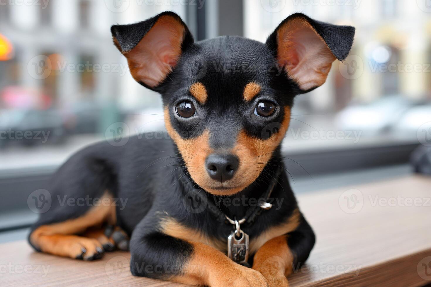 Prague ratter puppy relaxing on table by window photo