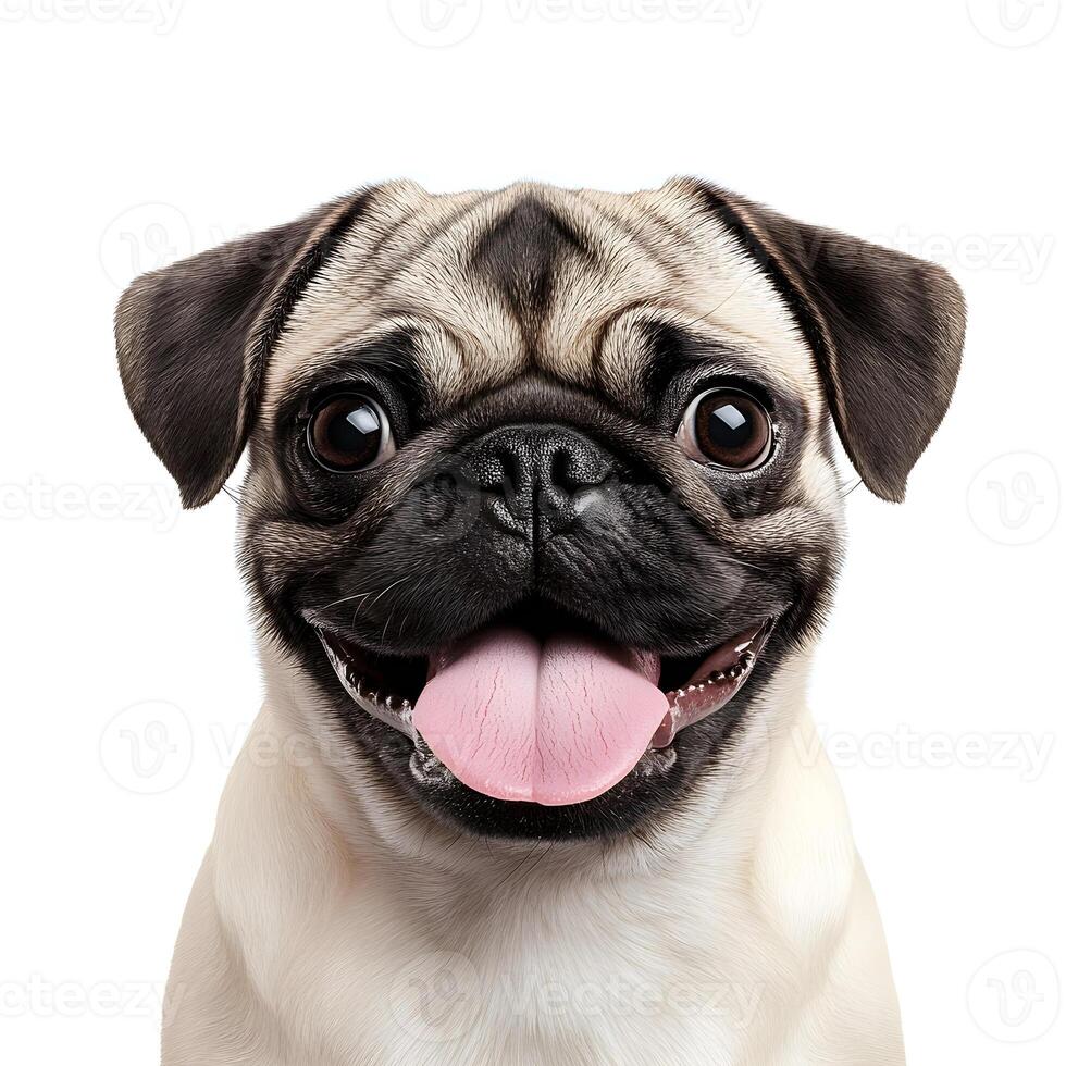 Happy pug puppy panting on white background photo