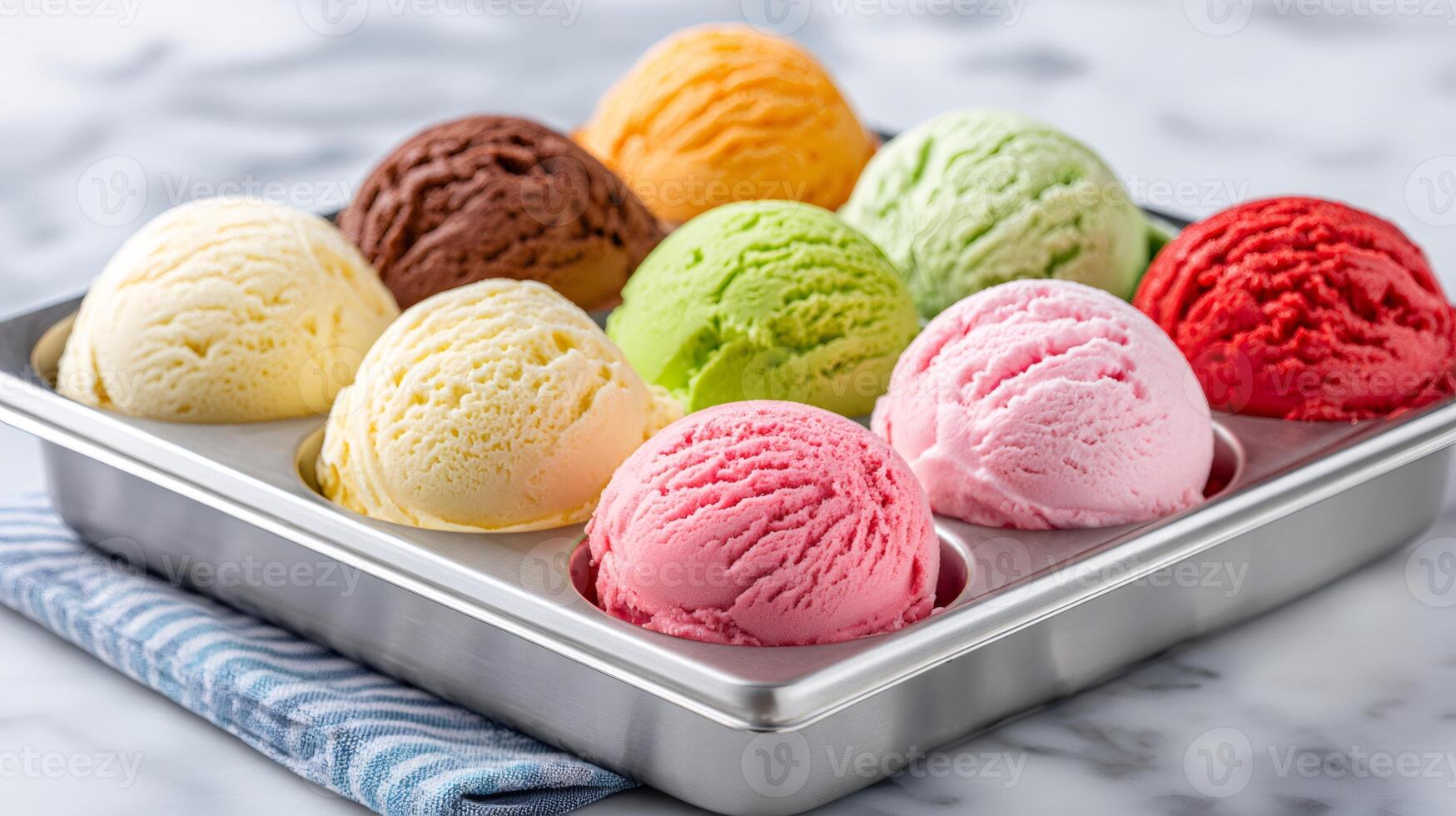 Colorful ice cream scoops filling a metal tray on marble countertop photo