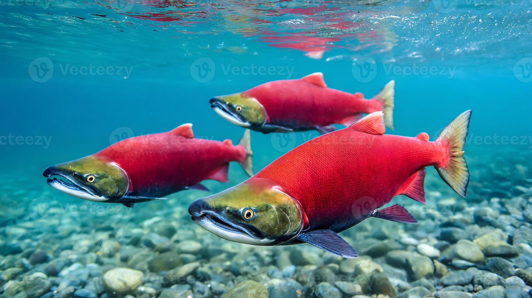 Vibrant red salmon swimming in clear river photo